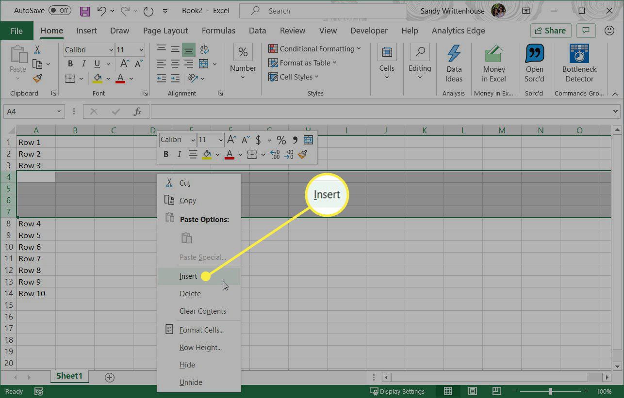 excel mac hot key for inserting a row